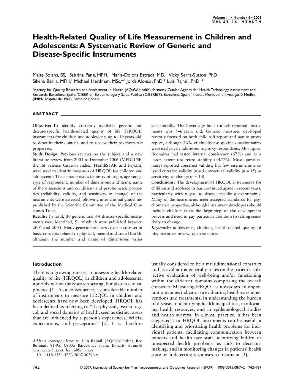 عکس صفحه اول مقاله: Health-Related Quality of Life Measurement in Children and Adolescents: A Systematic Review of Generic and Disease-Specific Instruments Health-Related Quality of Life Measurement in Children and Adolescents: A Systematic Review of Generic and Disease-Specific Instruments
