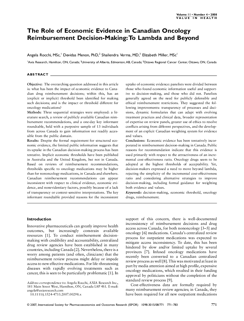 عکس صفحه اول مقاله: The Role of Economic Evidence in Canadian Oncology Reimbursement Decision-Making: To Lambda and Beyond The Role of Economic Evidence in Canadian Oncology Reimbursement Decision-Making: To Lambda and Beyond