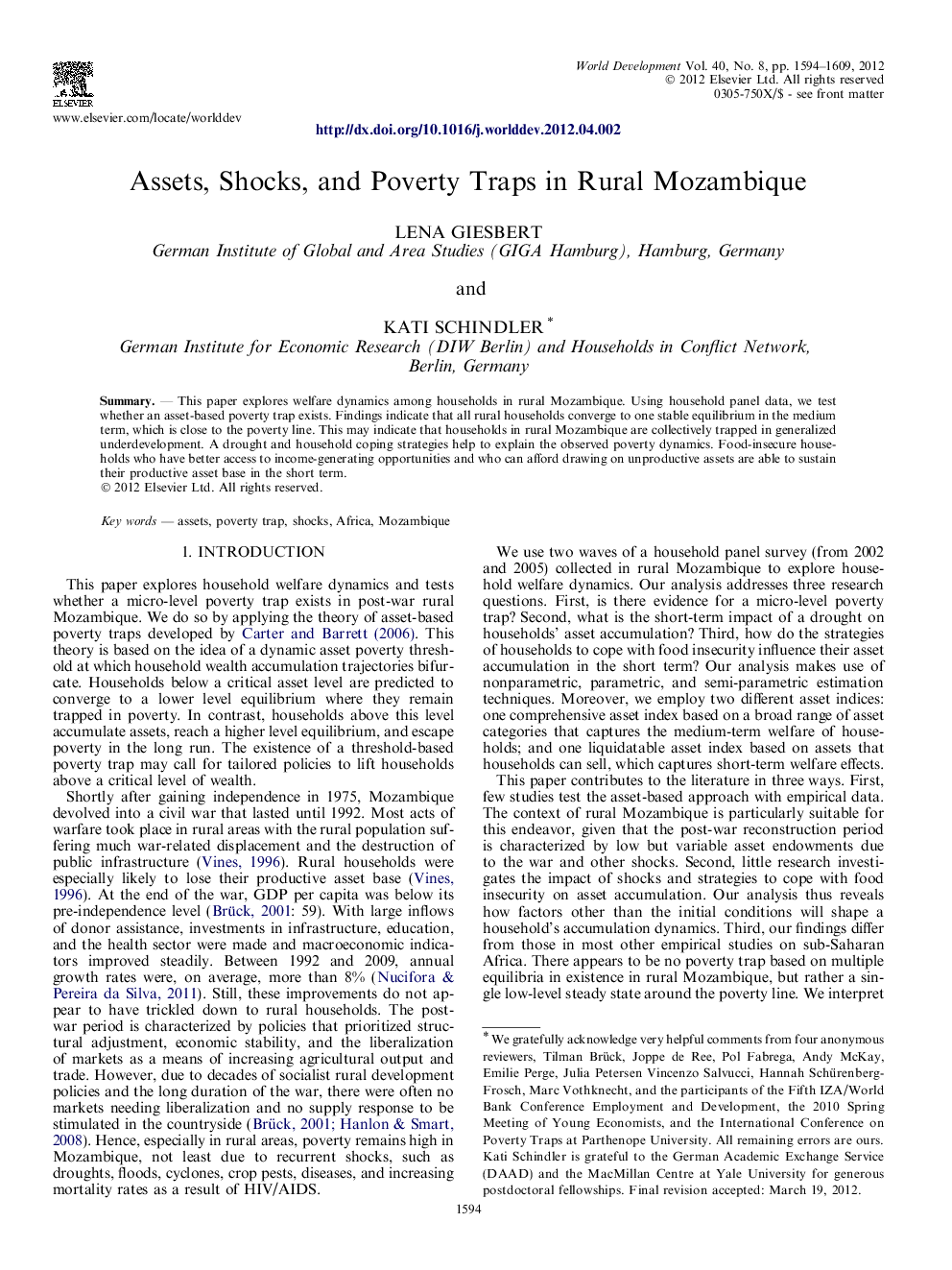 Assets, Shocks, and Poverty Traps in Rural Mozambique