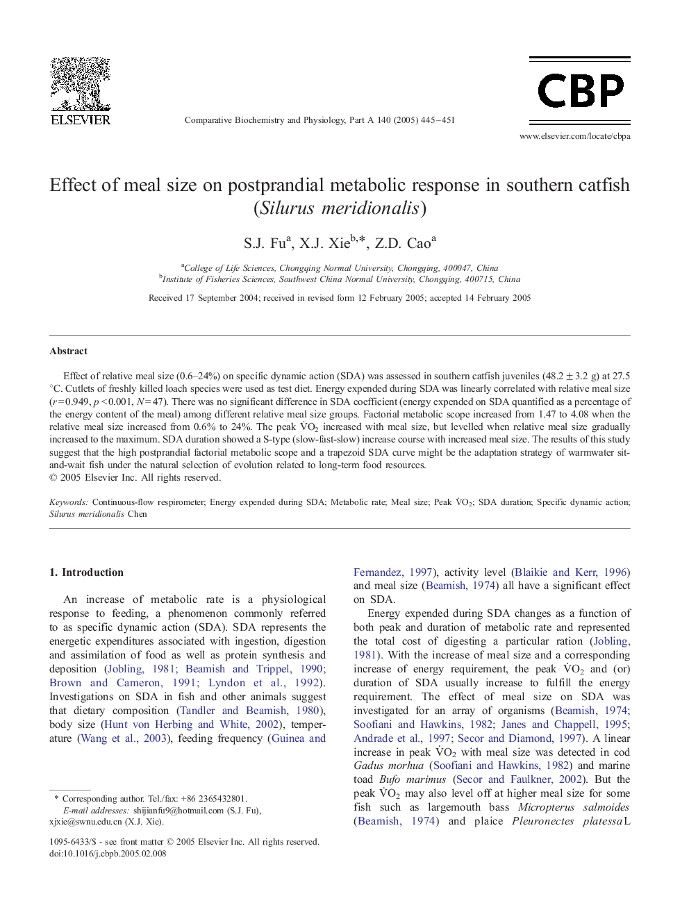 Effect of meal size on postprandial metabolic response in southern catfish (Silurus meridionalis)