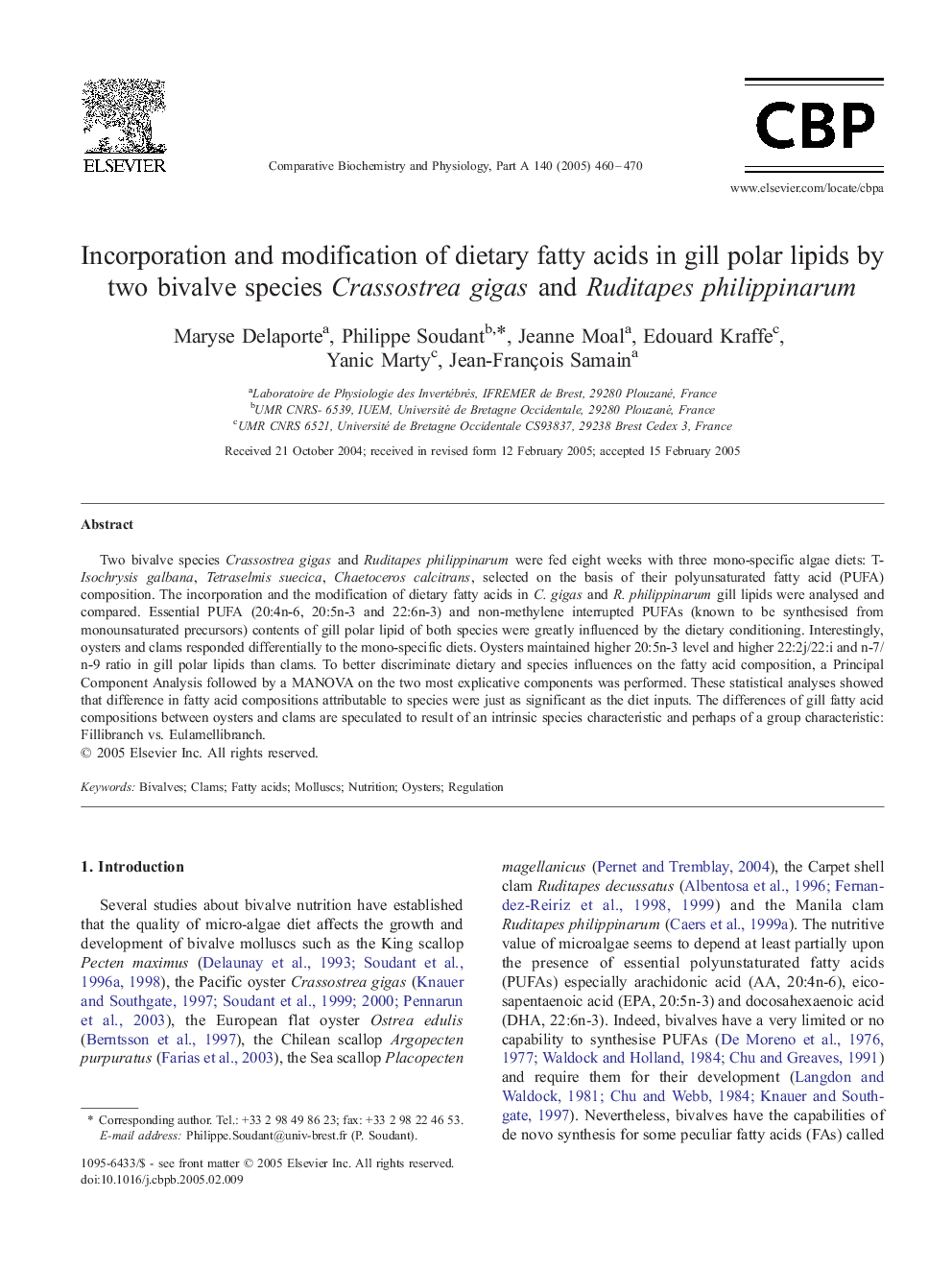 Incorporation and modification of dietary fatty acids in gill polar lipids by two bivalve species Crassostrea gigas and Ruditapes philippinarum