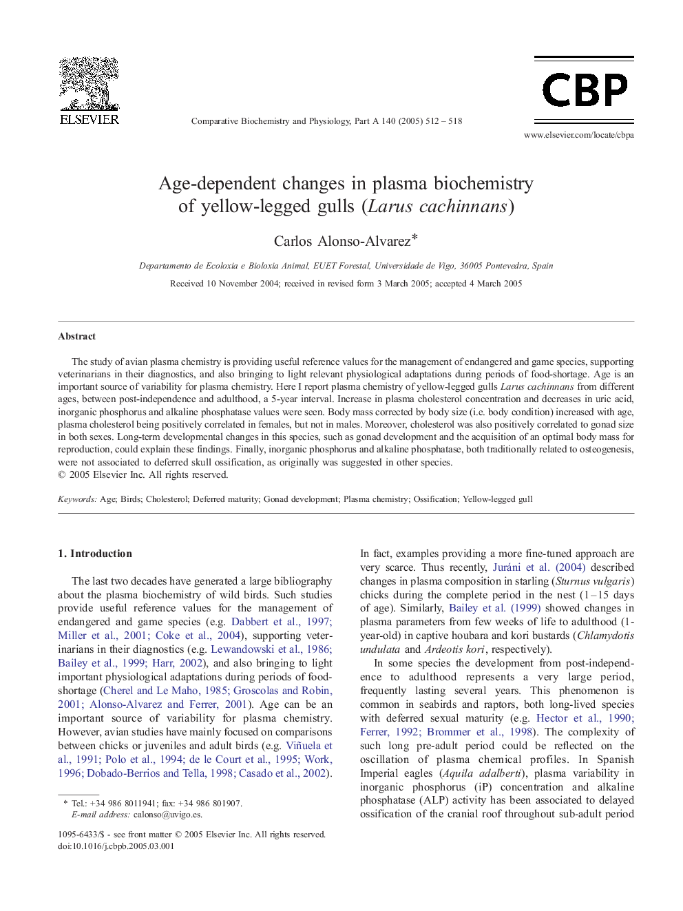 Age-dependent changes in plasma biochemistry of yellow-legged gulls (Larus cachinnans)