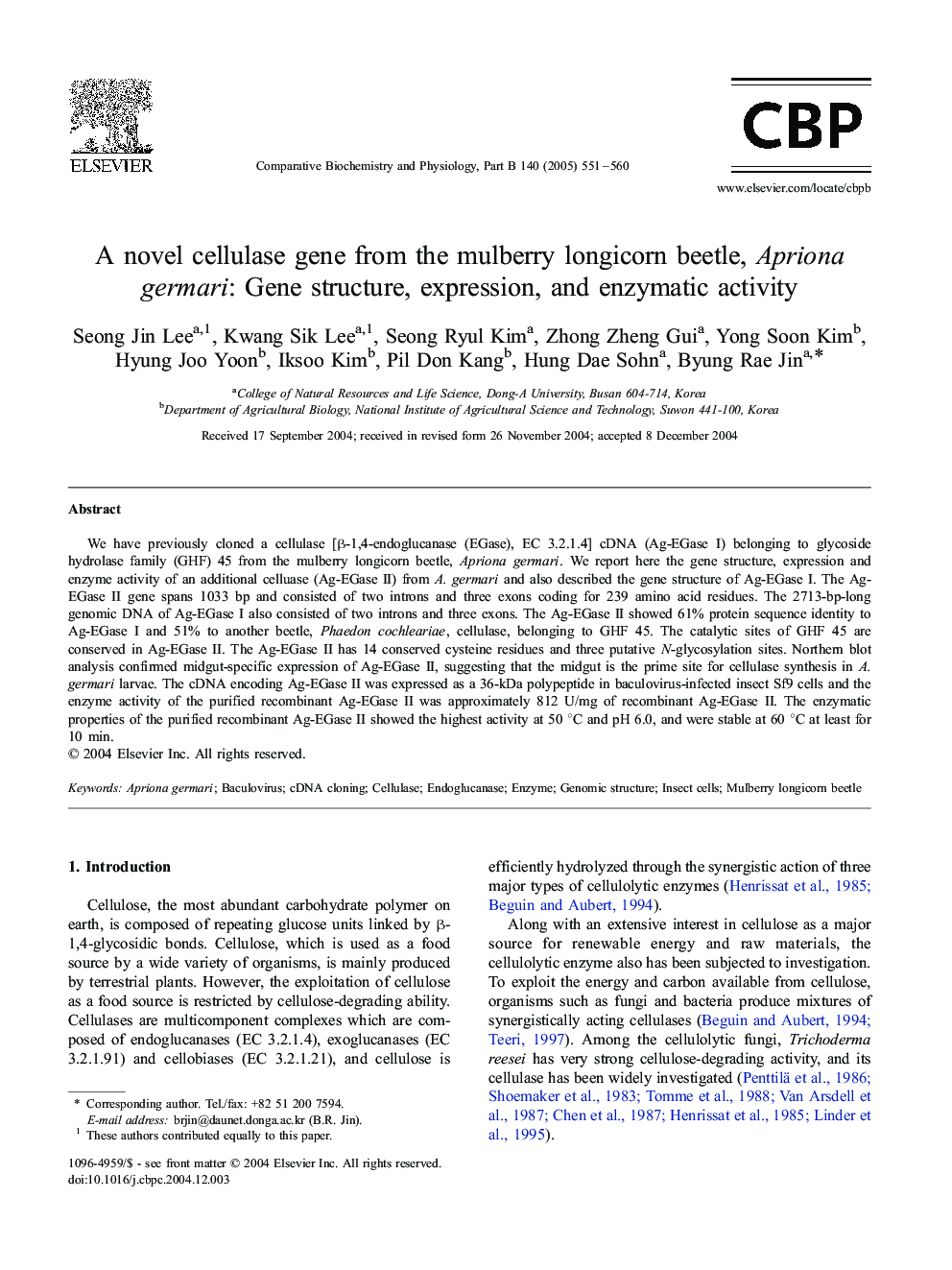 A novel cellulase gene from the mulberry longicorn beetle, Apriona germari: gene structure, expression, and enzymatic activity