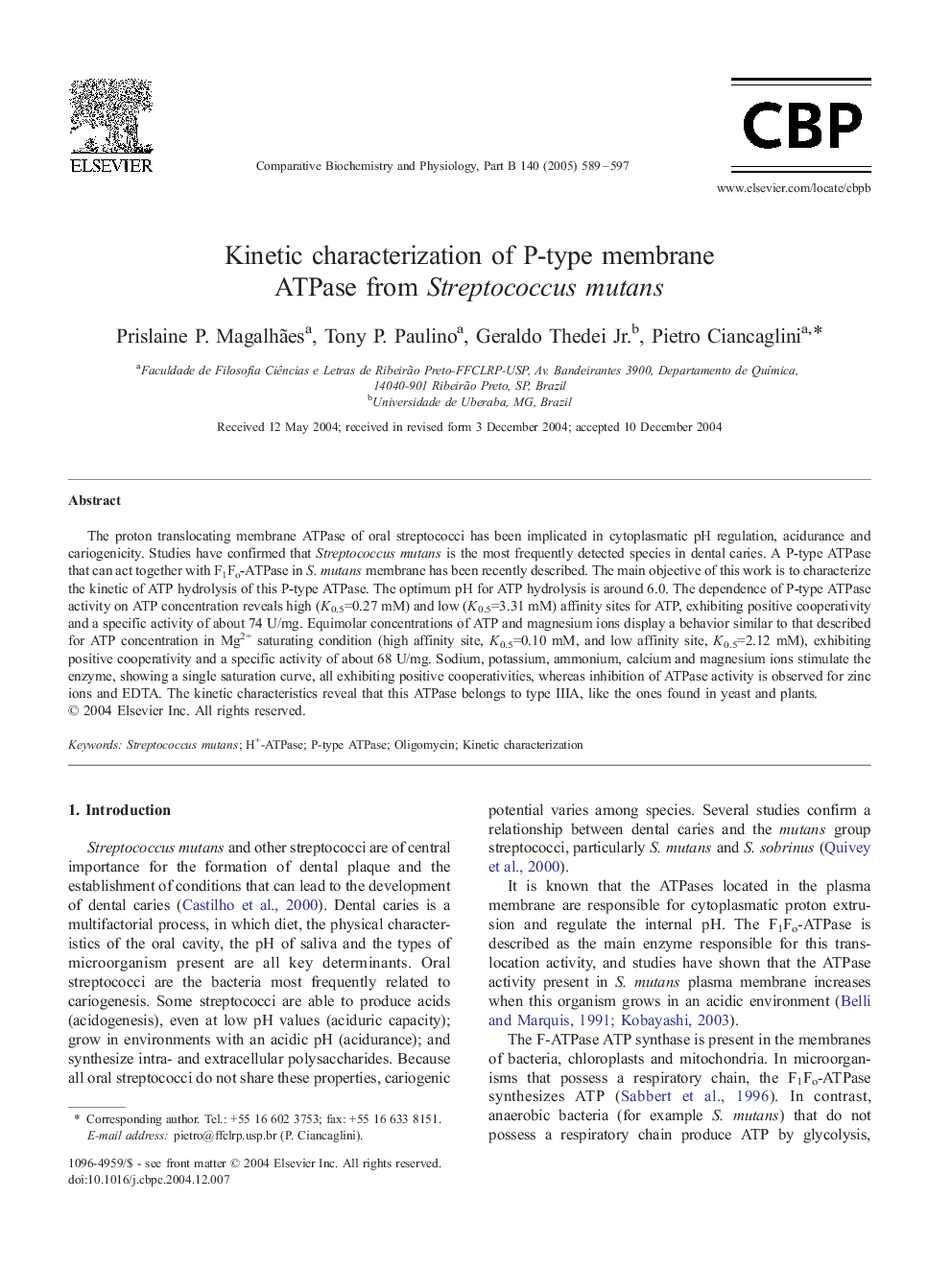 Kinetic characterization of P-type membrane ATPase from Streptococcus mutans