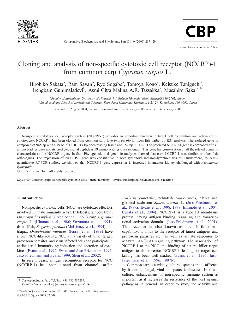 Cloning and analysis of non-specific cytotoxic cell receptor (NCCRP)-1 from common carp Cyprinus carpio L.