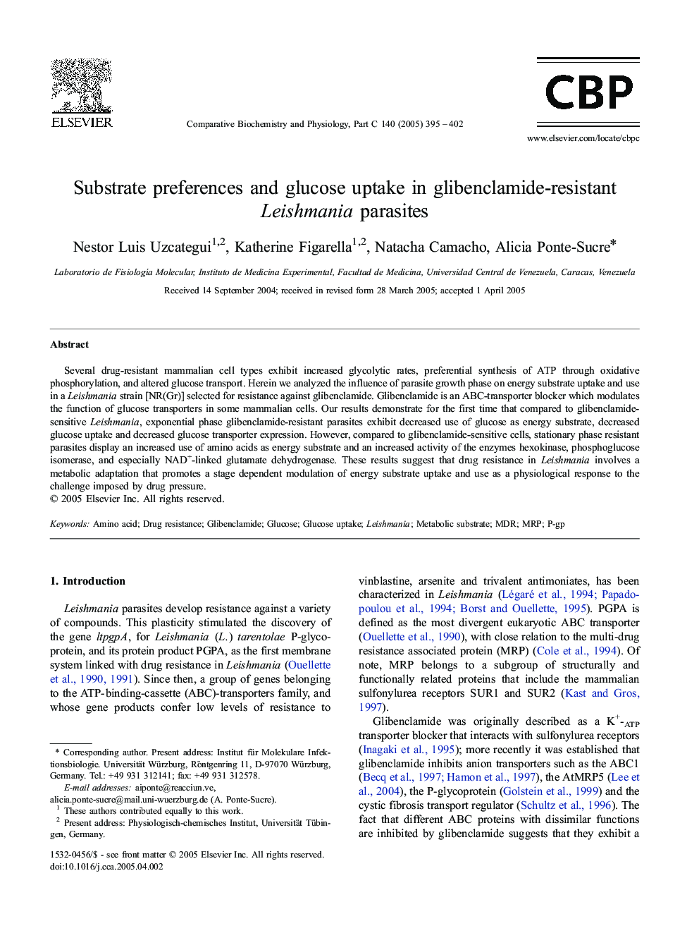 Substrate preferences and glucose uptake in glibenclamide-resistant Leishmania parasites