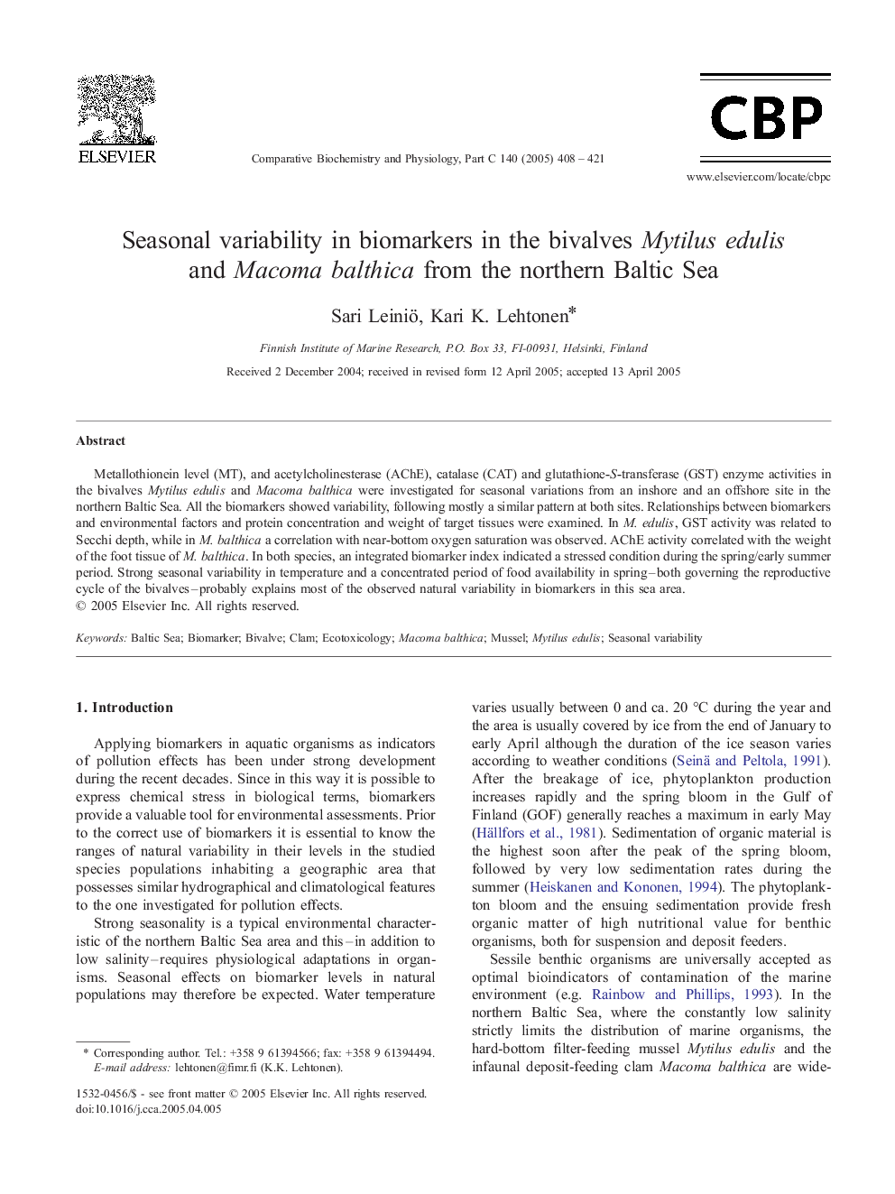 Seasonal variability in biomarkers in the bivalves Mytilus edulis and Macoma balthica from the northern Baltic Sea