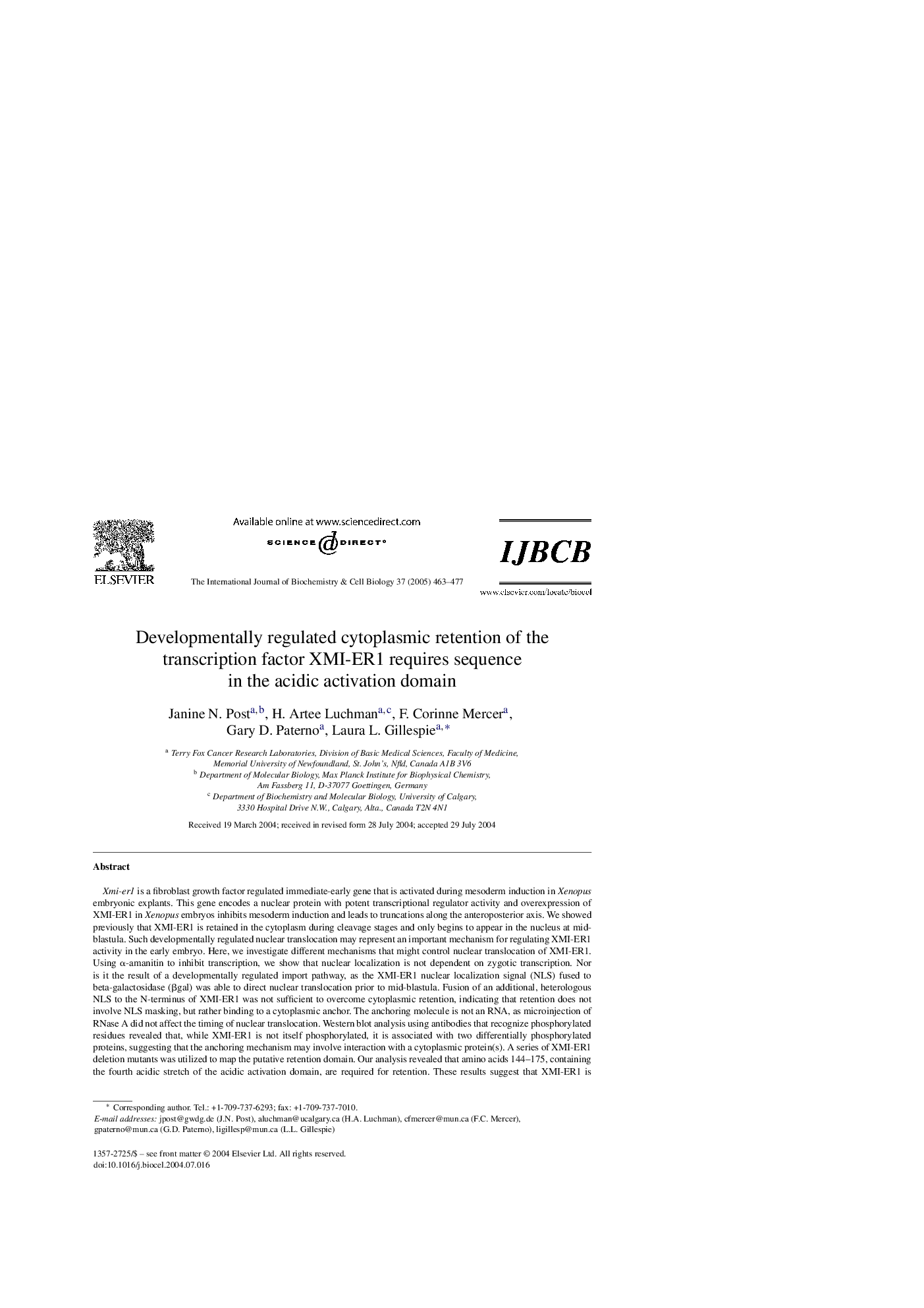 عکس صفحه اول مقاله: Developmentally regulated cytoplasmic retention of the transcription factor XMI-ER1 requires sequence in the acidic activation domain Developmentally regulated cytoplasmic retention of the transcription factor XMI-ER1 requires sequence in the acidic activation domain