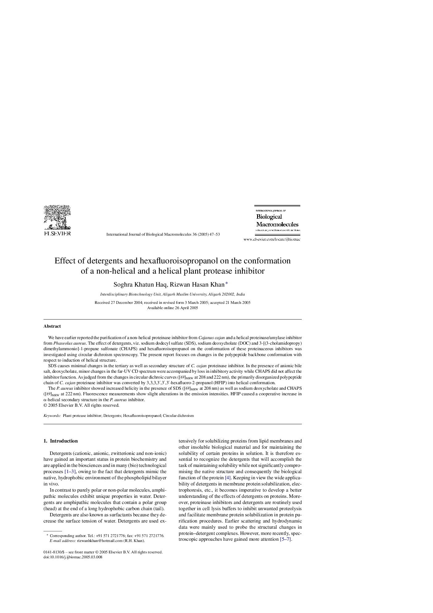 Effect of detergents and hexafluoroisopropanol on the conformation of a non-helical and a helical plant protease inhibitor