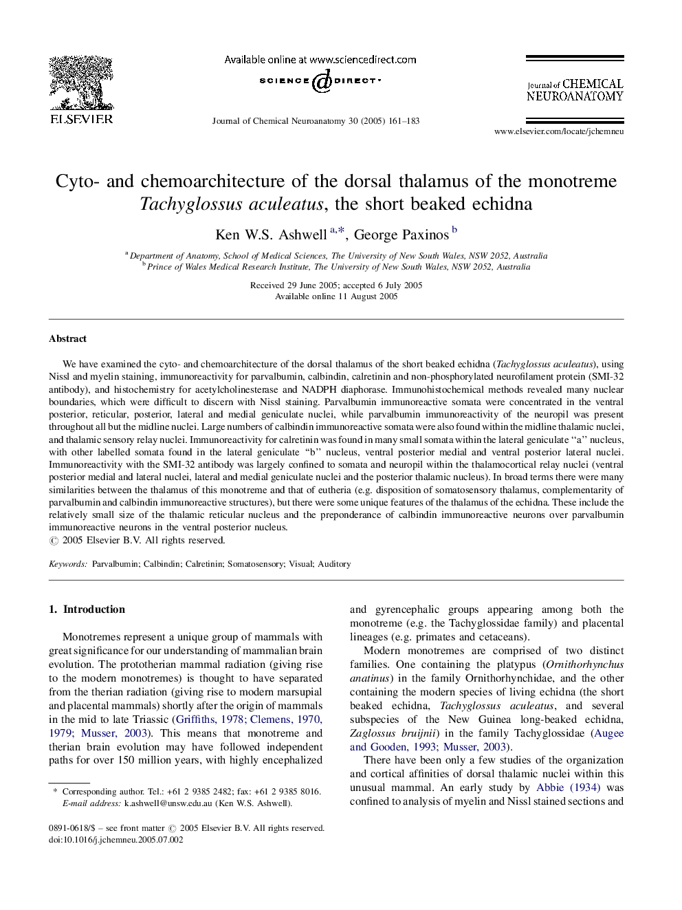 Cyto- and chemoarchitecture of the dorsal thalamus of the monotreme Tachyglossus aculeatus, the short beaked echidna