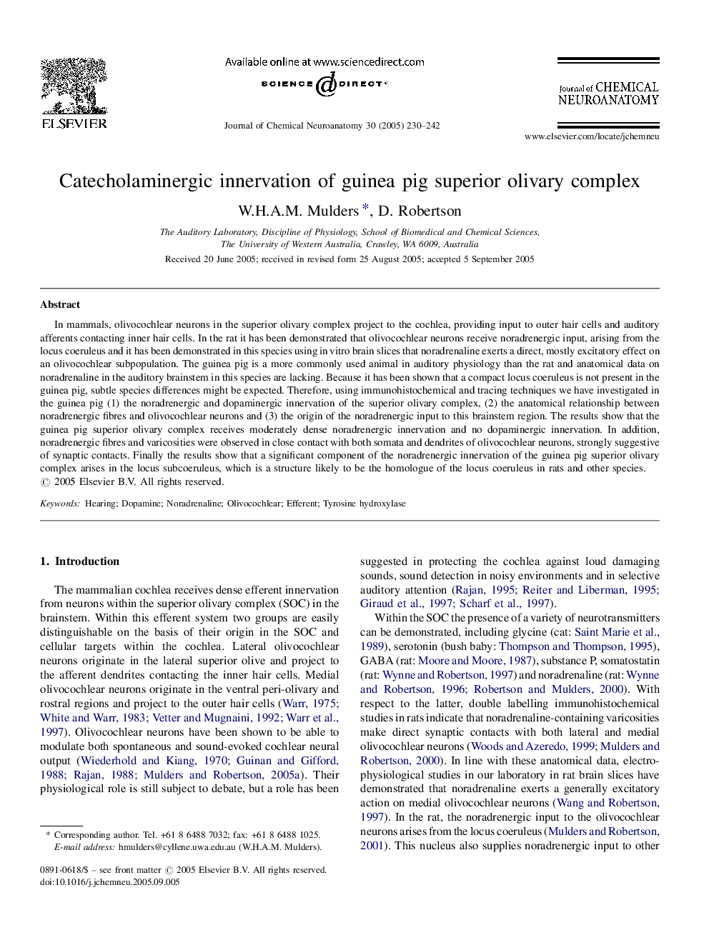 Catecholaminergic innervation of guinea pig superior olivary complex