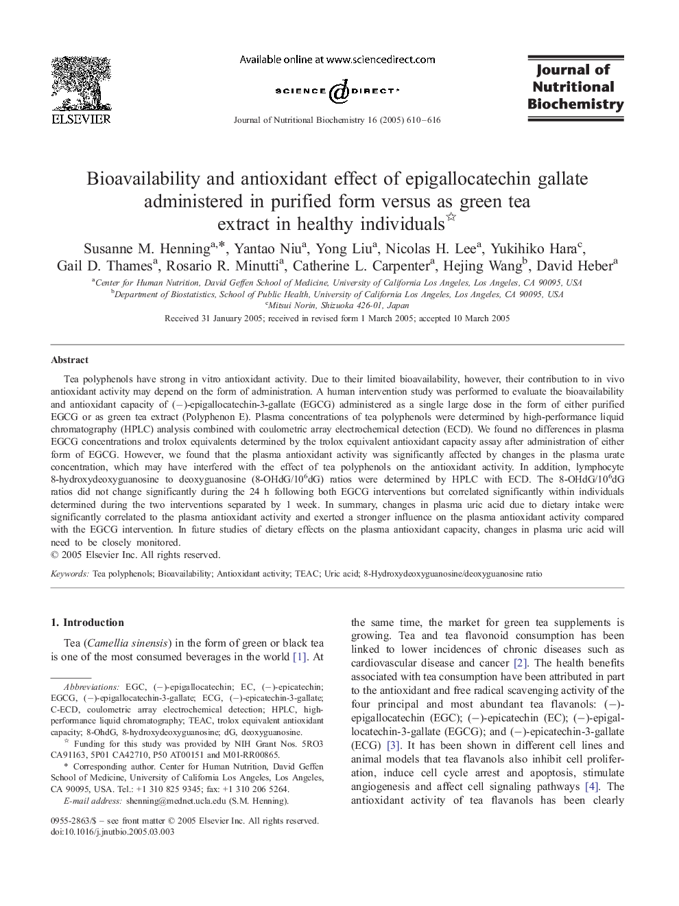 Bioavailability and antioxidant effect of epigallocatechin gallate administered in purified form versus as green tea extract in healthy individuals