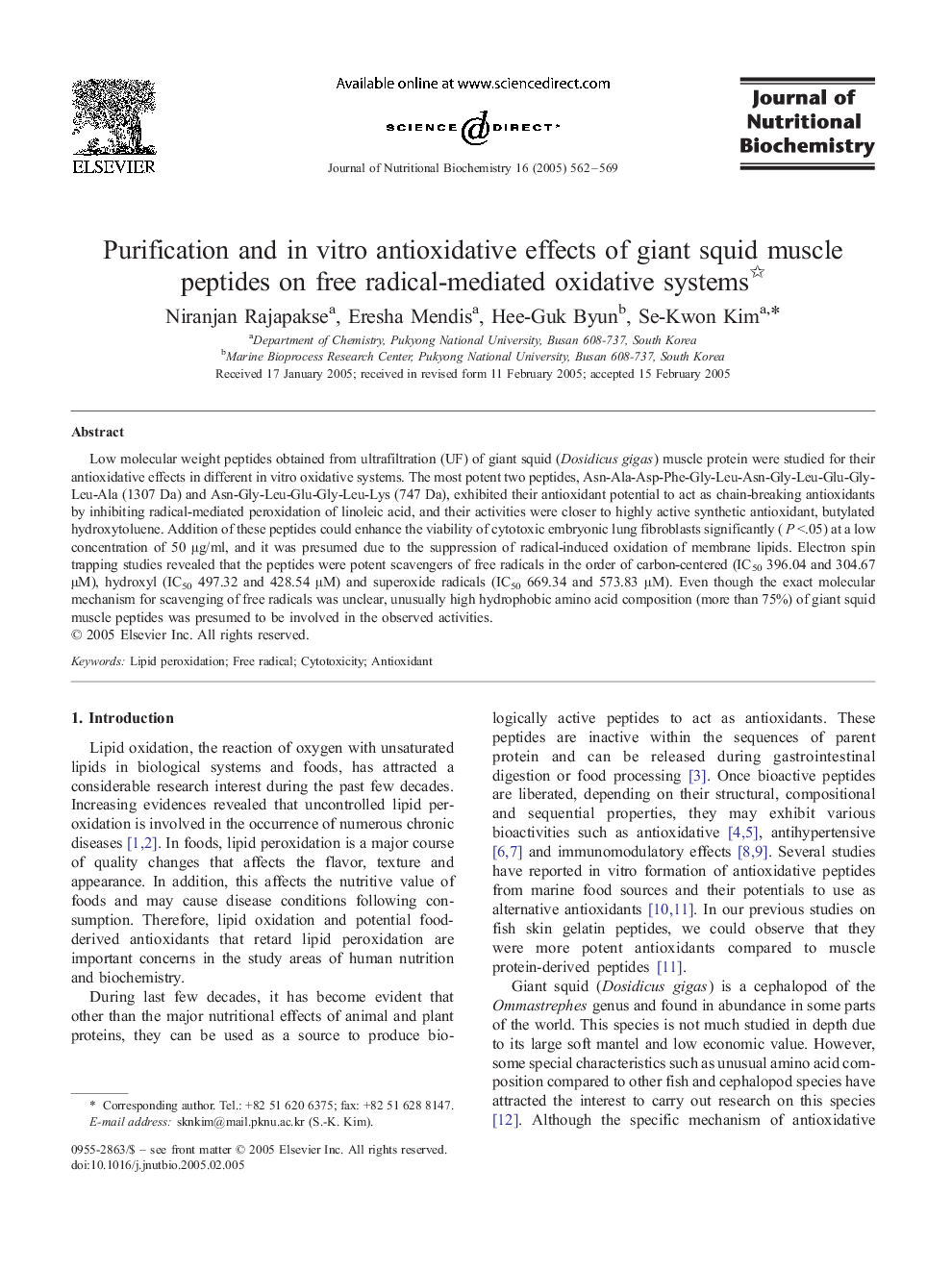 Purification and in vitro antioxidative effects of giant squid muscle peptides on free radical-mediated oxidative systems