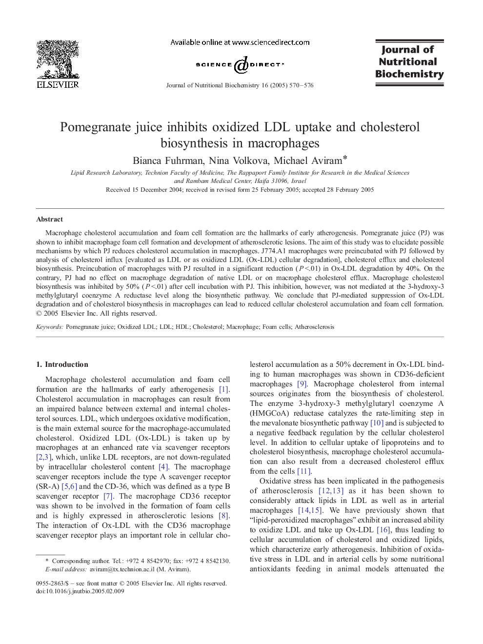 عکس صفحه اول مقاله: Pomegranate juice inhibits oxidized LDL uptake and cholesterol biosynthesis in macrophages Pomegranate juice inhibits oxidized LDL uptake and cholesterol biosynthesis in macrophages