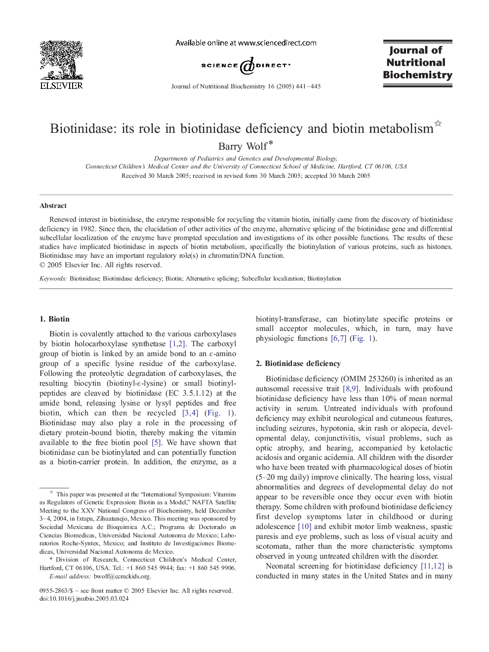 عکس صفحه اول مقاله: Biotinidase: its role in biotinidase deficiency and biotin metabolism Biotinidase: its role in biotinidase deficiency and biotin metabolism