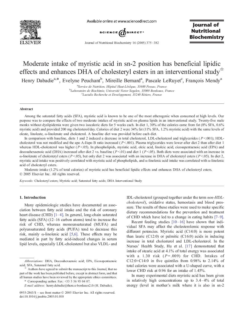 Moderate intake of myristic acid in sn-2 position has beneficial lipidic effects and enhances DHA of cholesteryl esters in an interventional study