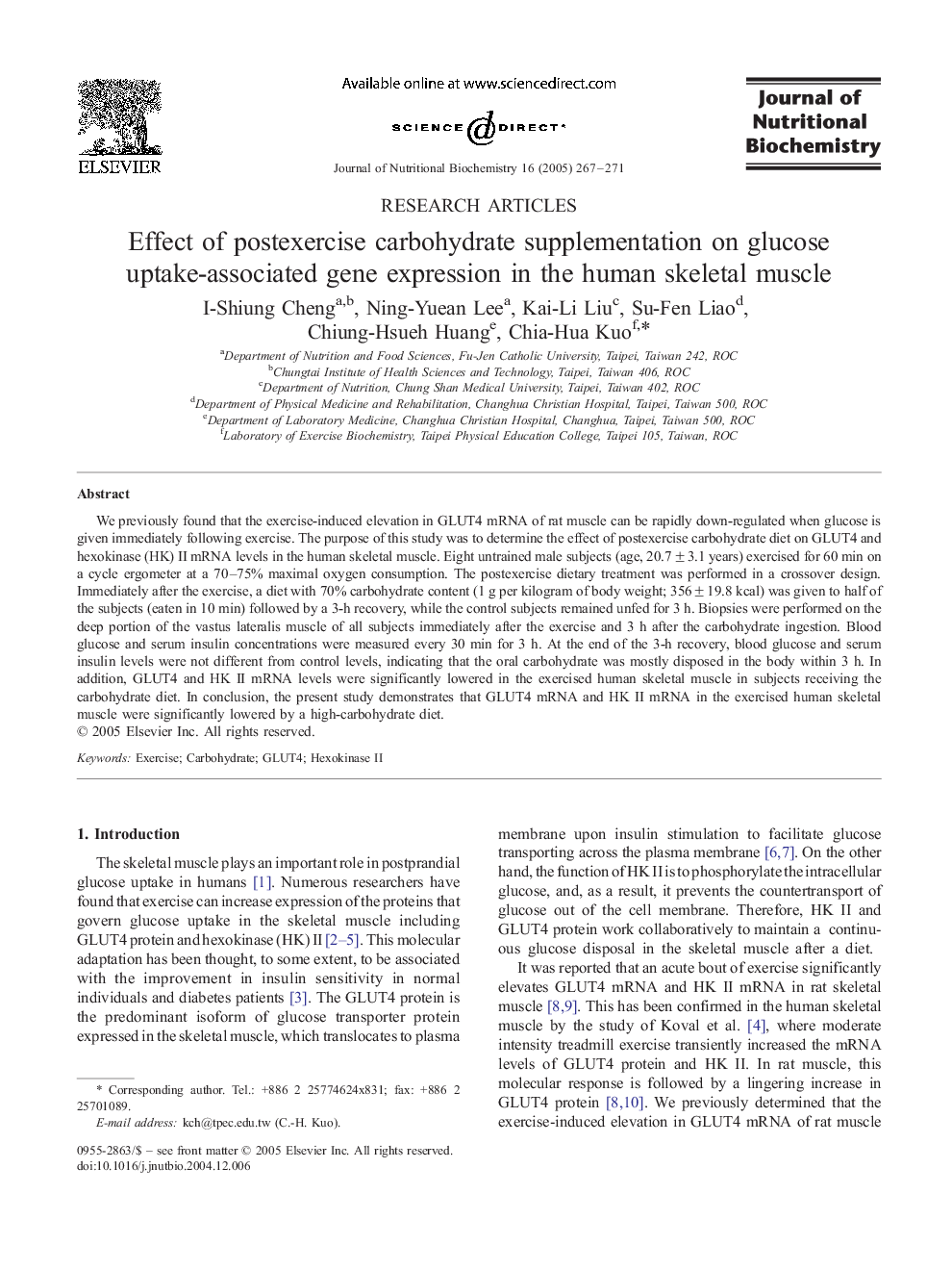 Effect of postexercise carbohydrate supplementation on glucose uptake-associated gene expression in the human skeletal muscle