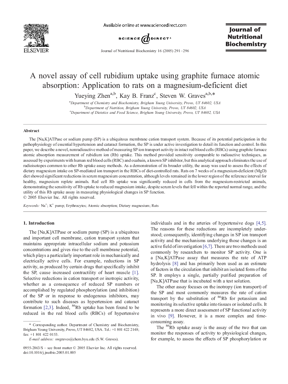 A novel assay of cell rubidium uptake using graphite furnace atomic absorption: Application to rats on a magnesium-deficient diet