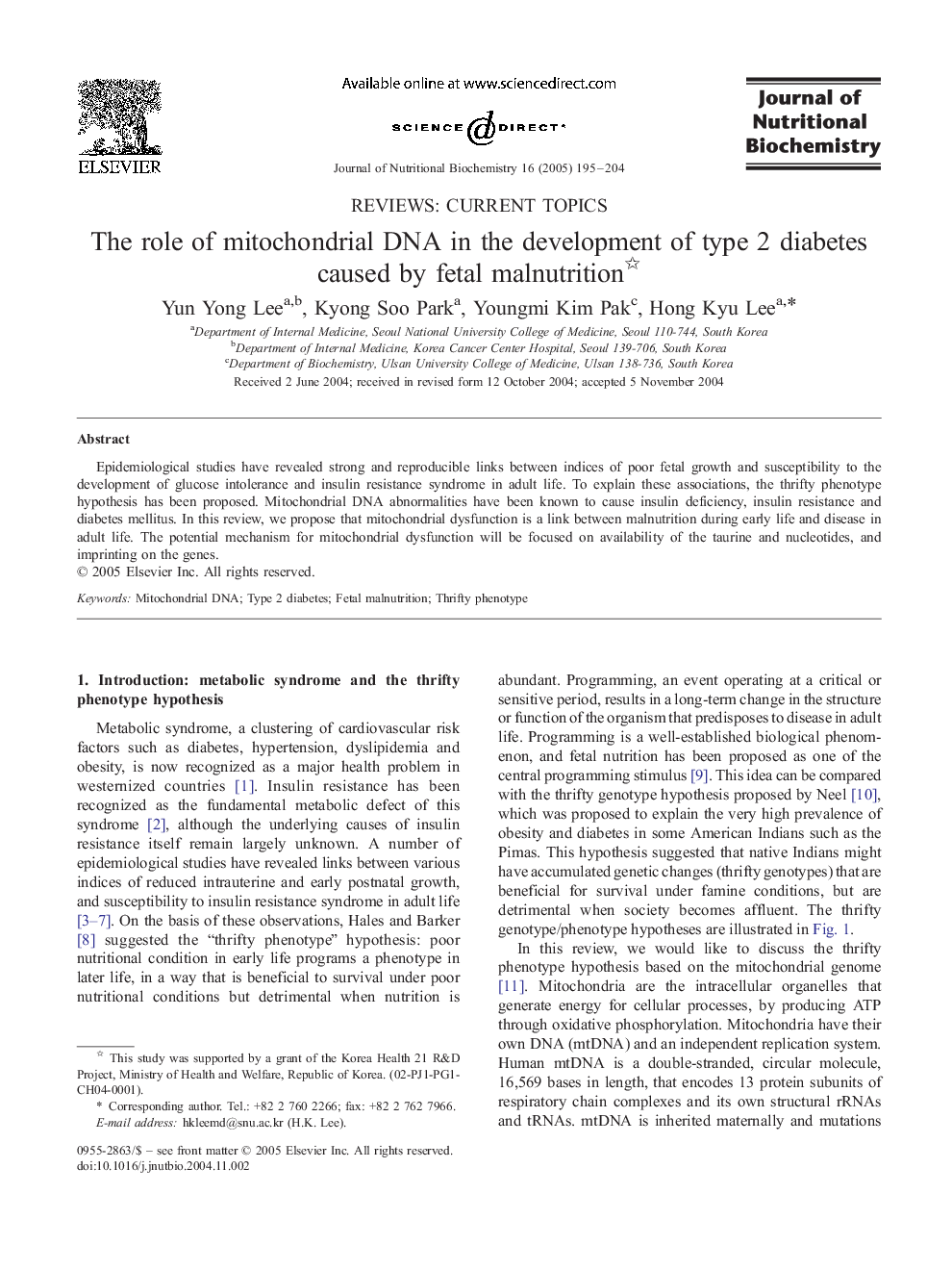 The role of mitochondrial DNA in the development of type 2 diabetes caused by fetal malnutrition