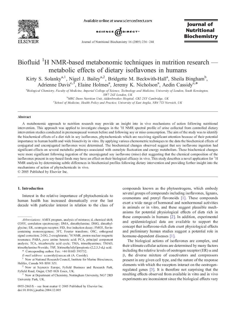 Biofluid 1H NMR-based metabonomic techniques in nutrition research - metabolic effects of dietary isoflavones in humans