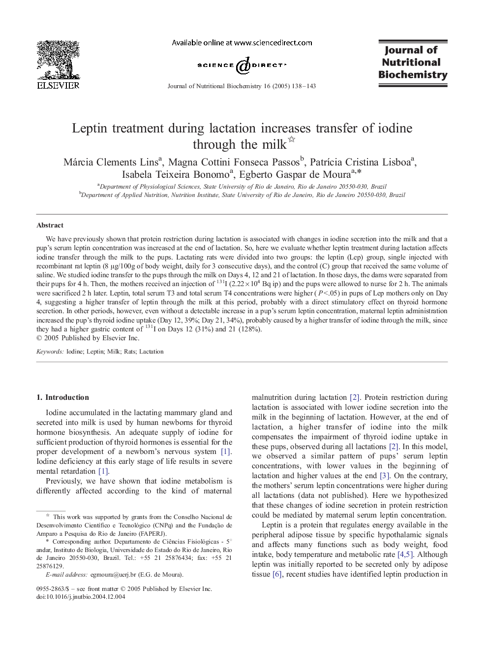 Leptin treatment during lactation increases transfer of iodine through the milk