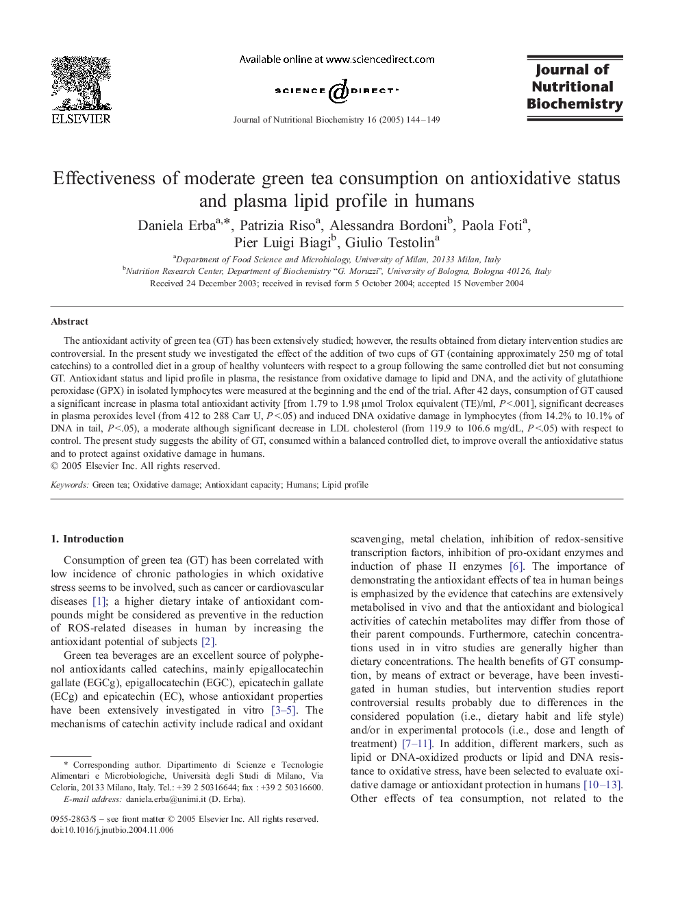 عکس صفحه اول مقاله: Effectiveness of moderate green tea consumption on antioxidative status and plasma lipid profile in humans Effectiveness of moderate green tea consumption on antioxidative status and plasma lipid profile in humans
