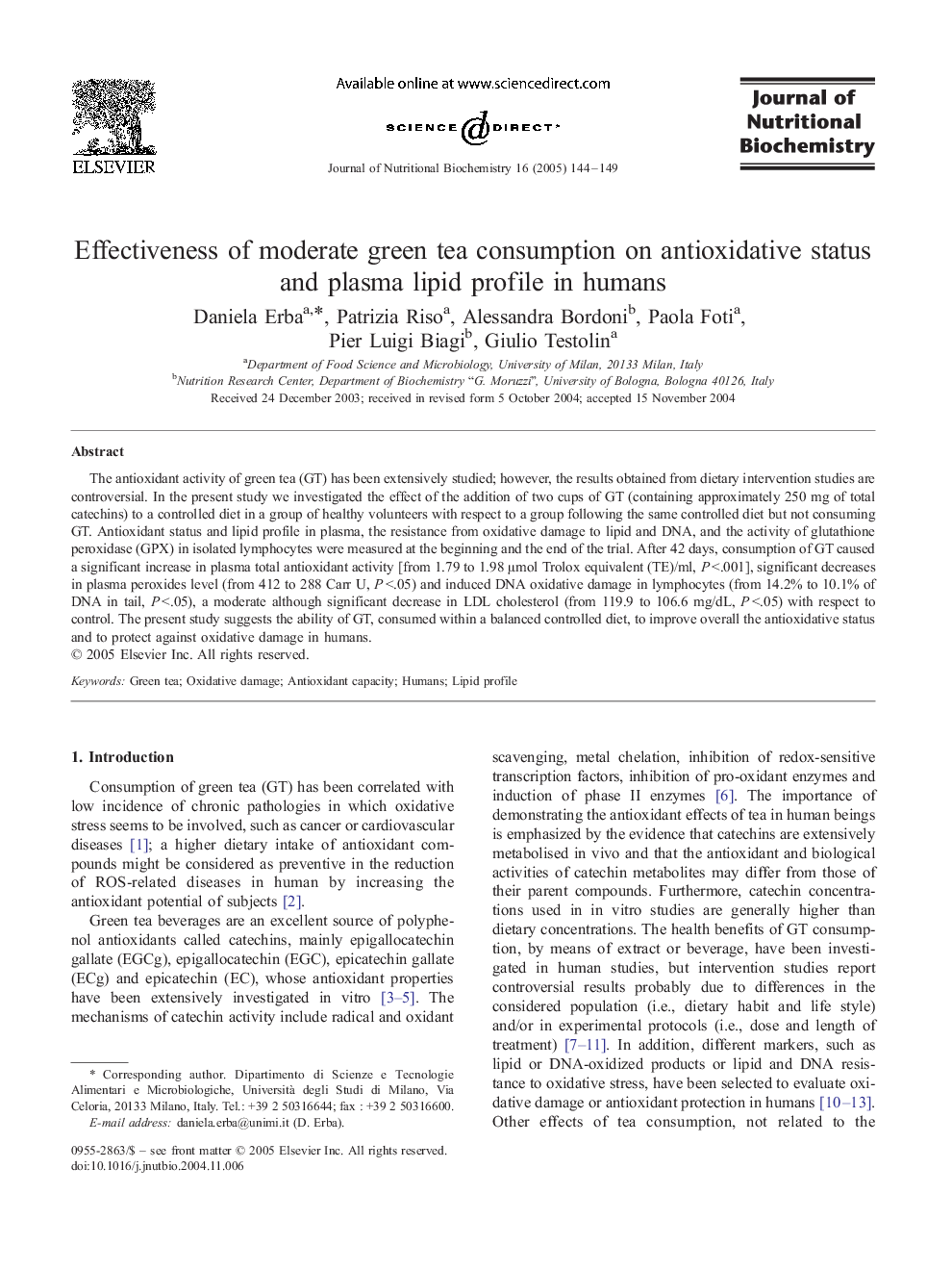 Effectiveness of moderate green tea consumption on antioxidative status and plasma lipid profile in humans