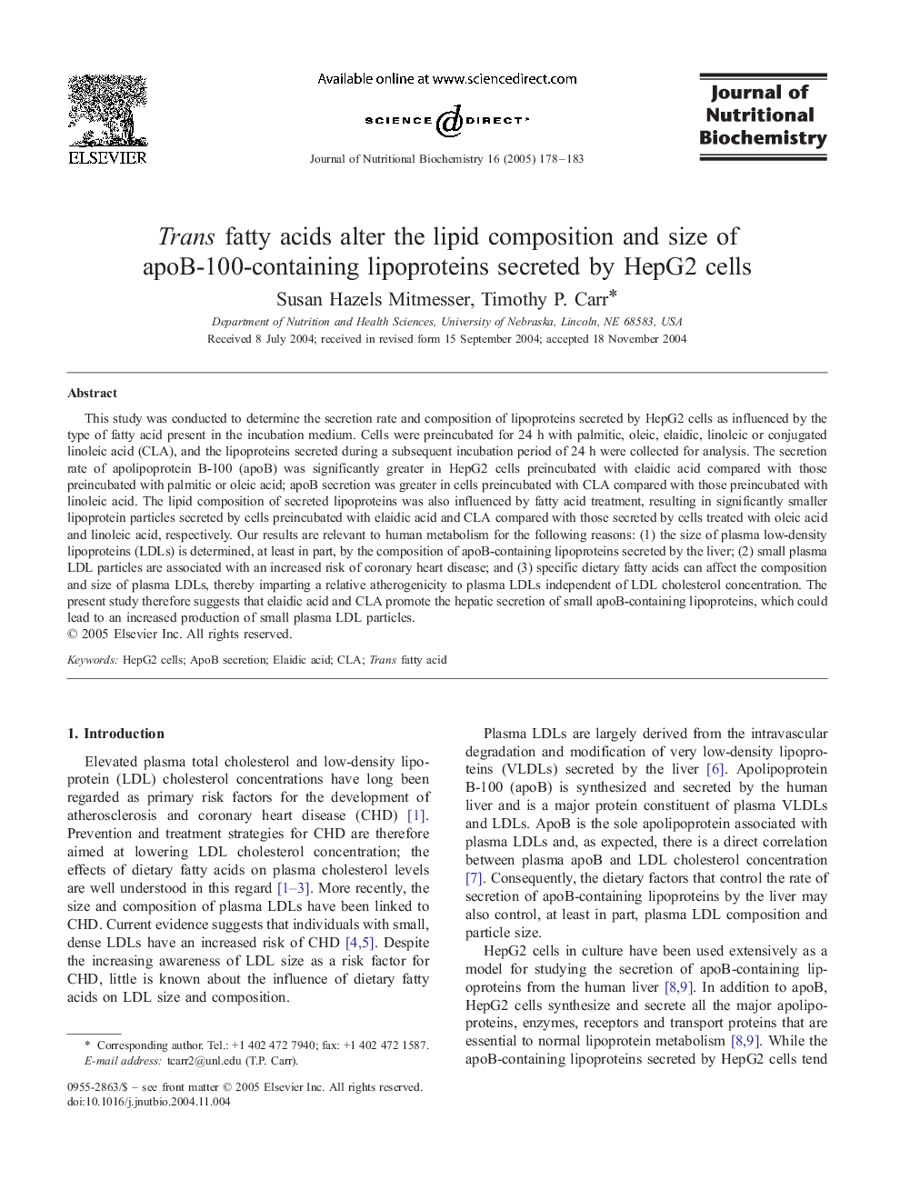 Trans fatty acids alter the lipid composition and size of apoB-100-containing lipoproteins secreted by HepG2 cells