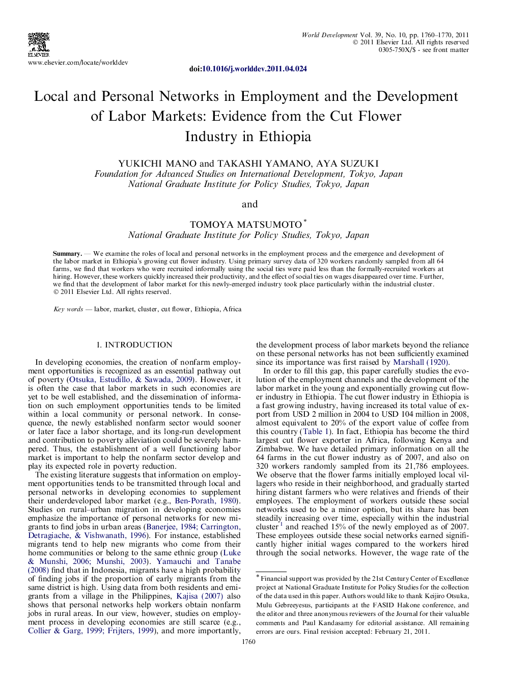 Local and Personal Networks in Employment and the Development of Labor Markets: Evidence from the Cut Flower Industry in Ethiopia