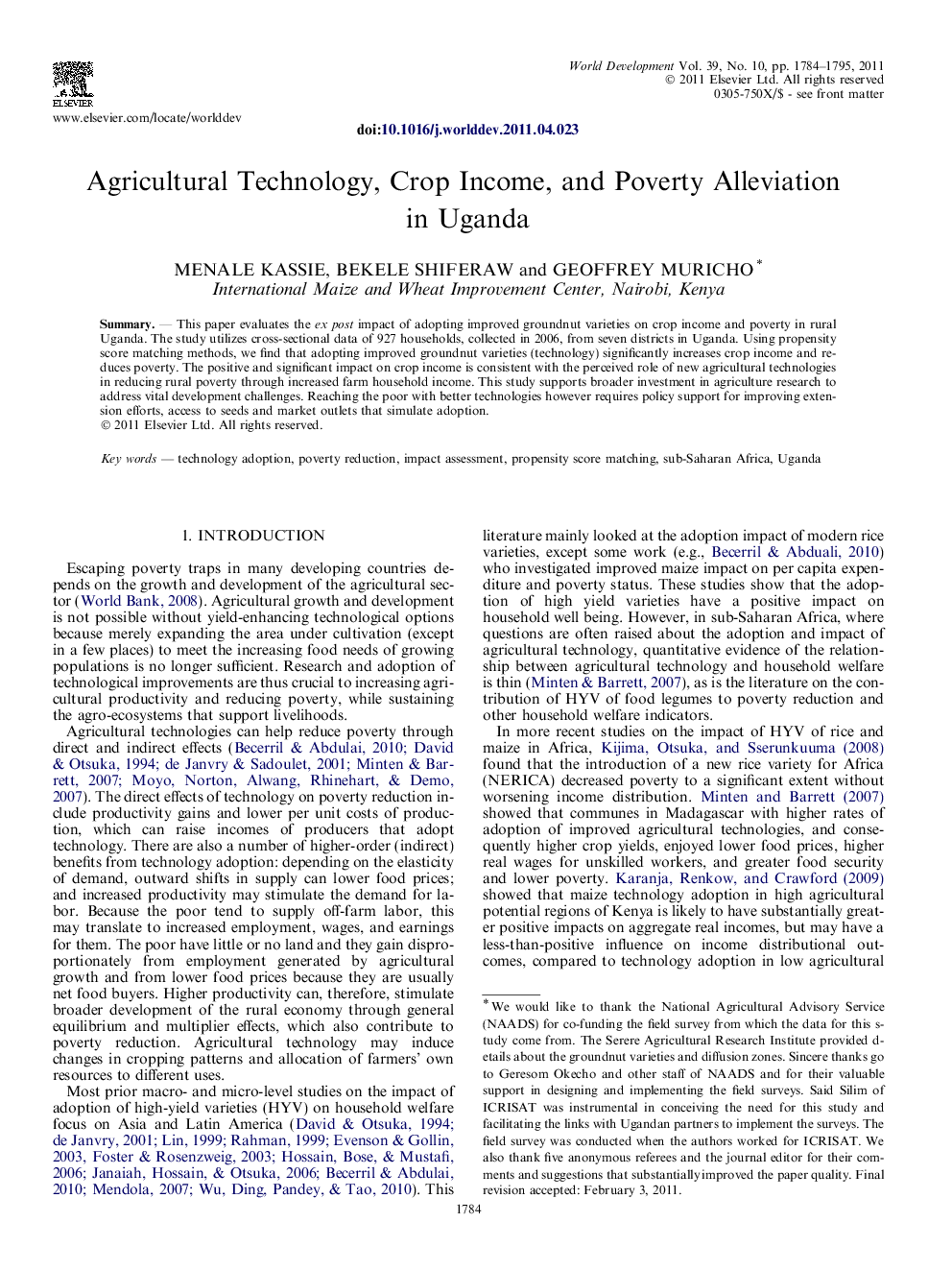 Agricultural Technology, Crop Income, and Poverty Alleviation in Uganda