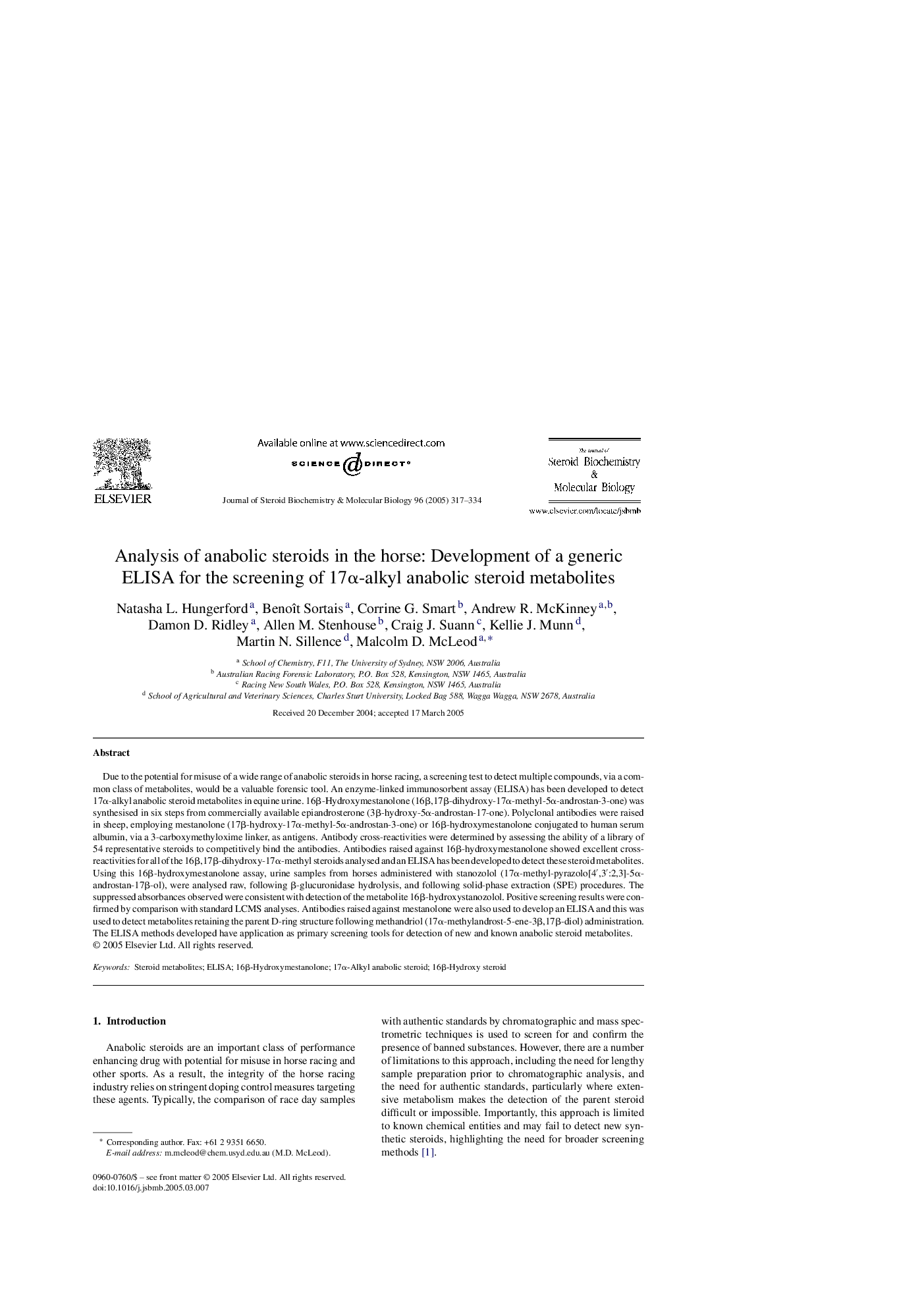 Analysis of anabolic steroids in the horse: Development of a generic ELISA for the screening of 17Î±-alkyl anabolic steroid metabolites