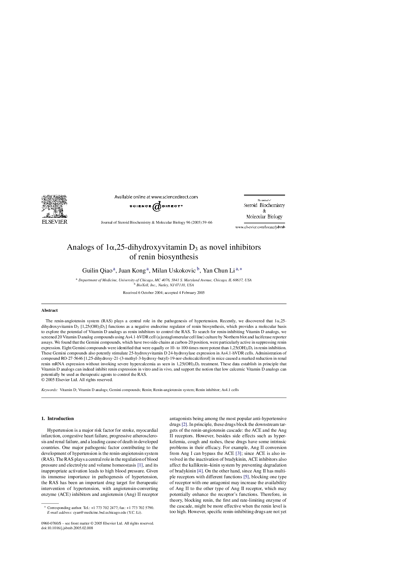 Analogs of 1Î±,25-dihydroxyvitamin D3 as novel inhibitors of renin biosynthesis