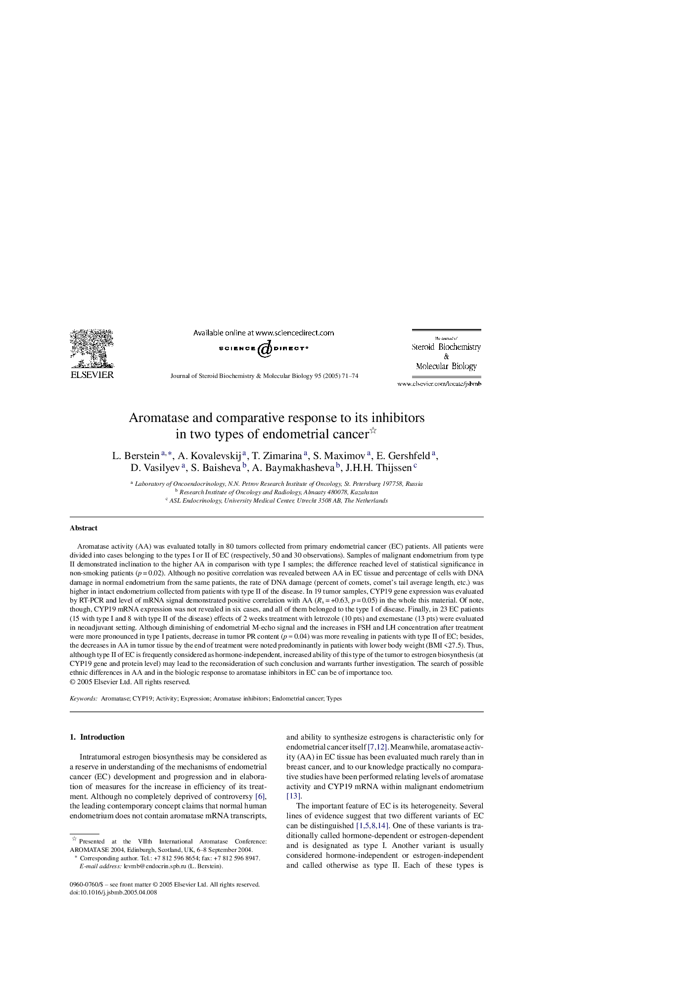 Aromatase and comparative response to its inhibitors in two types of endometrial cancer