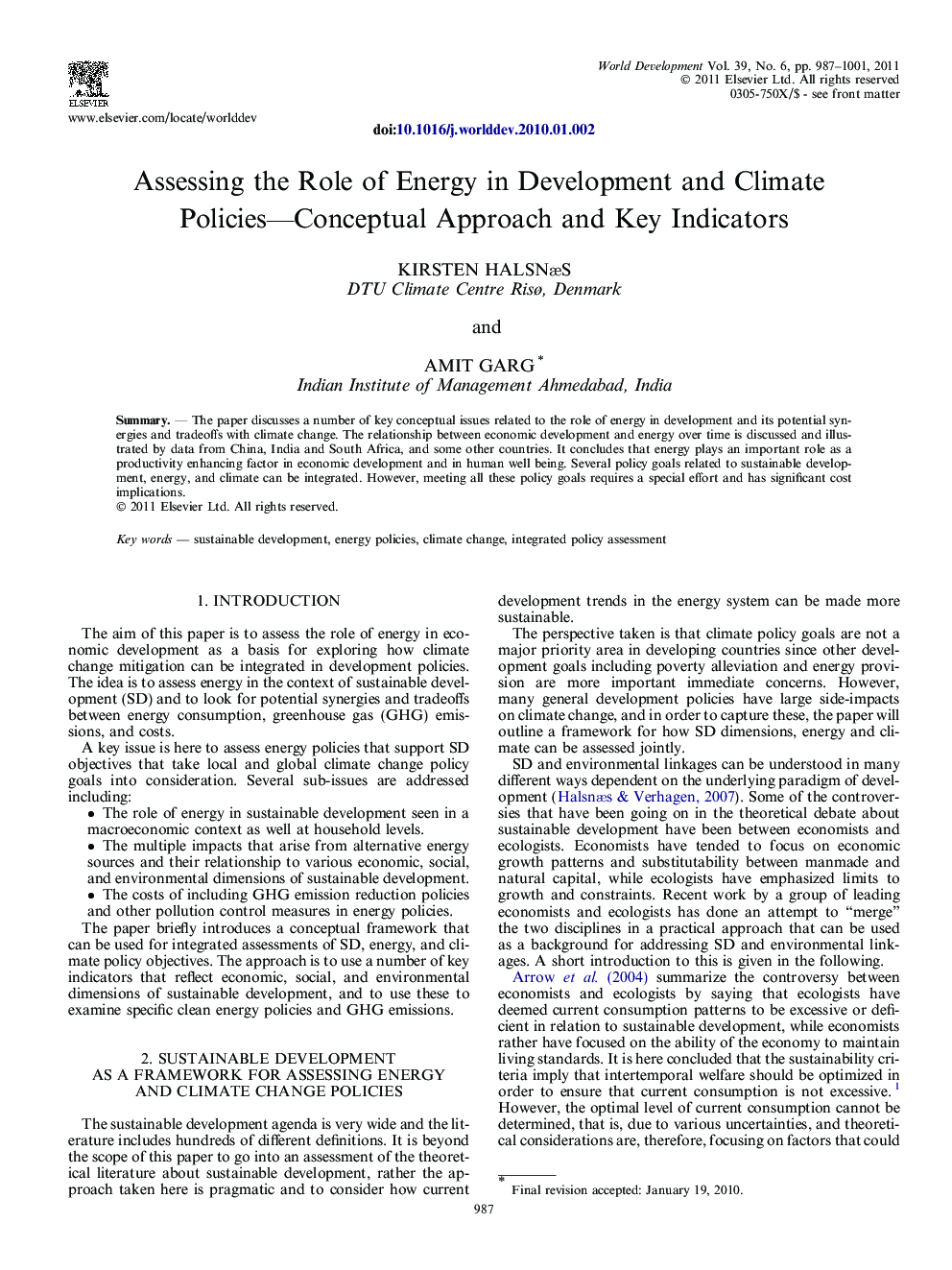 Assessing the Role of Energy in Development and Climate Policies—Conceptual Approach and Key Indicators