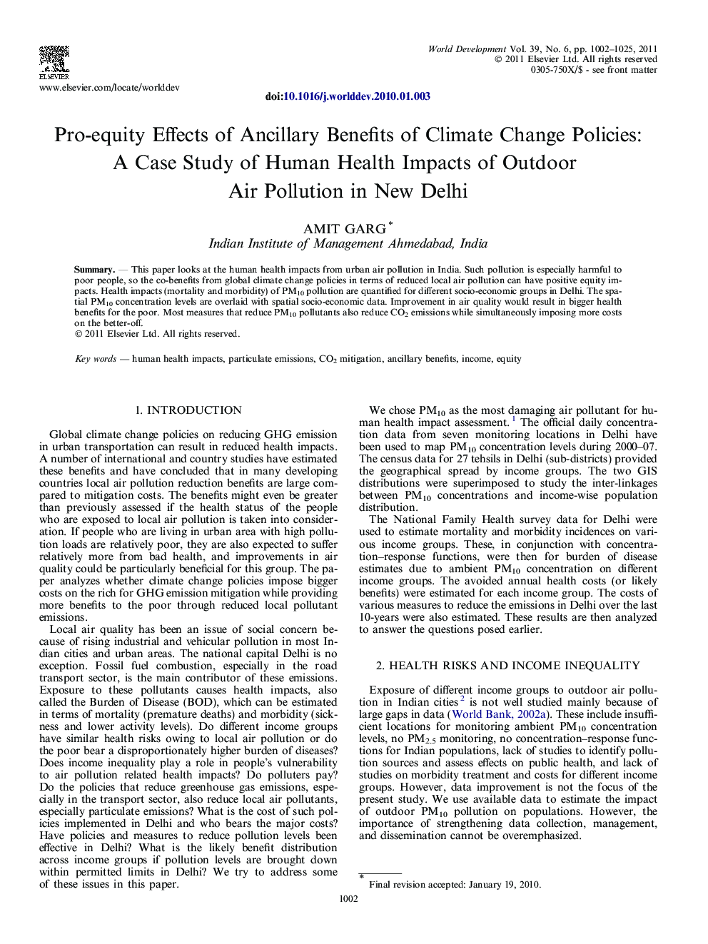 Pro-equity Effects of Ancillary Benefits of Climate Change Policies: A Case Study of Human Health Impacts of Outdoor Air Pollution in New Delhi