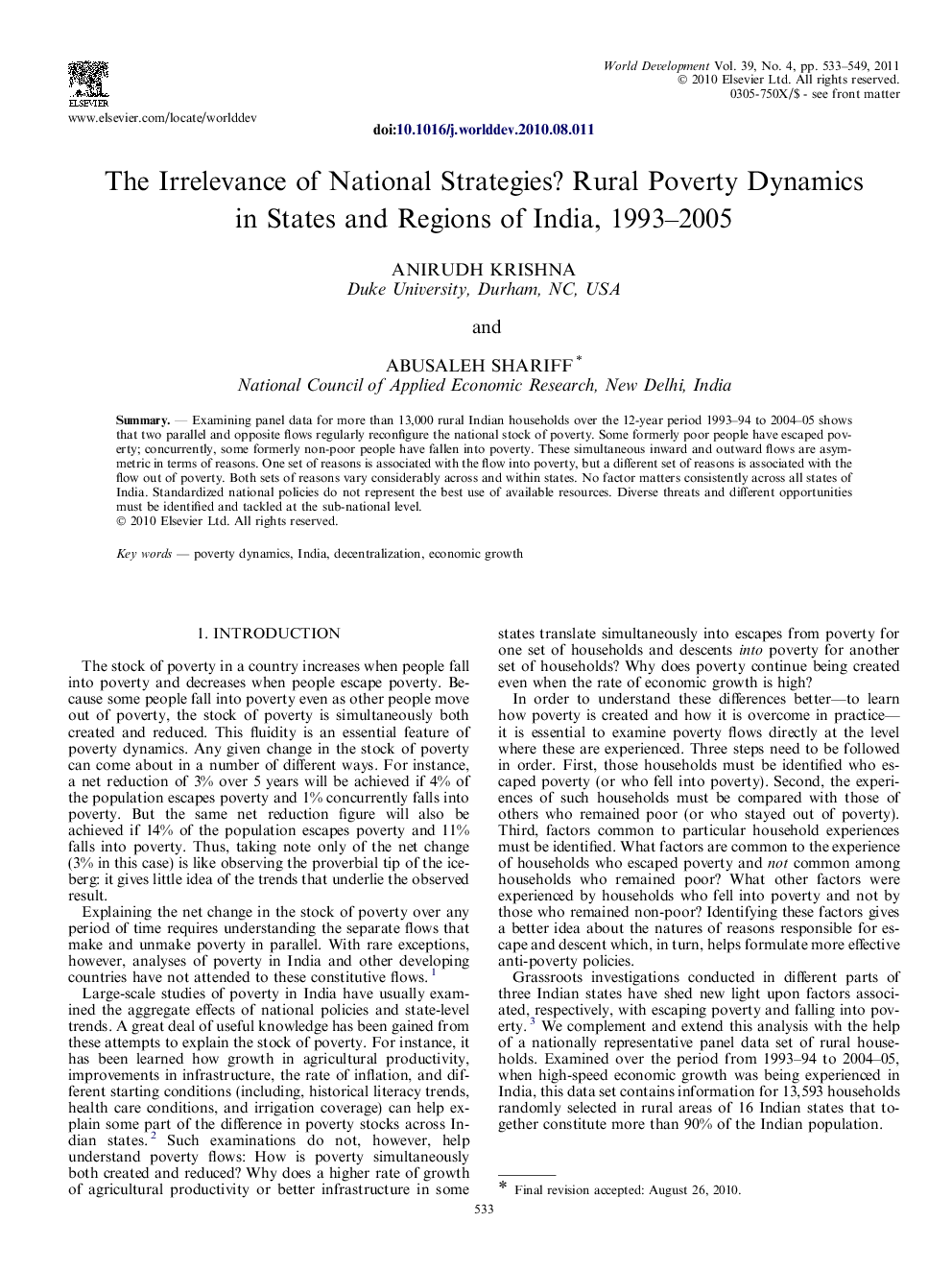 The Irrelevance of National Strategies? Rural Poverty Dynamics in States and Regions of India, 1993–2005