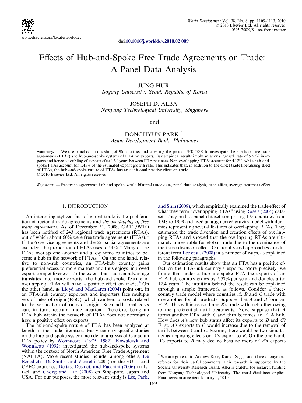 Effects of Hub-and-Spoke Free Trade Agreements on Trade: A Panel Data Analysis