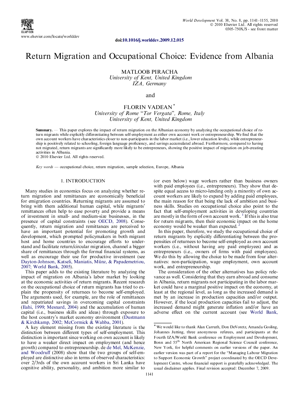 Return Migration and Occupational Choice: Evidence from Albania