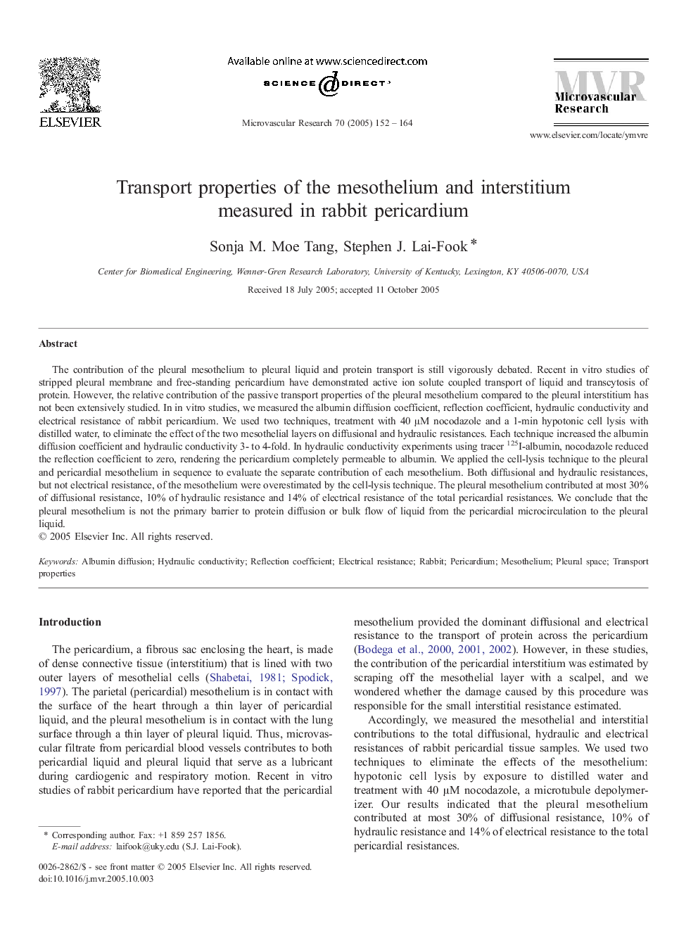 Transport properties of the mesothelium and interstitium measured in rabbit pericardium