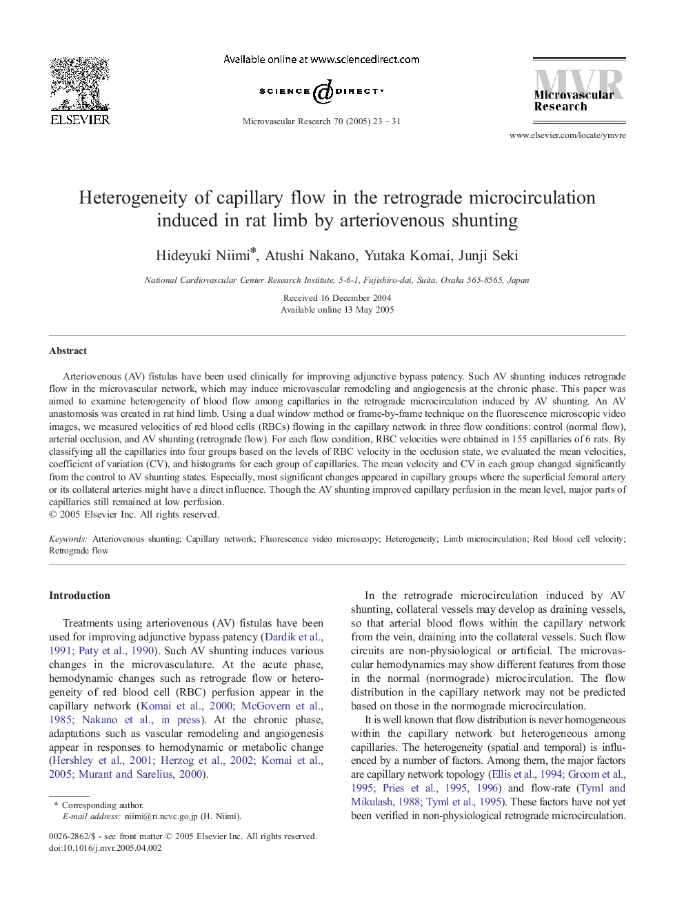 Heterogeneity of capillary flow in the retrograde microcirculation induced in rat limb by arteriovenous shunting