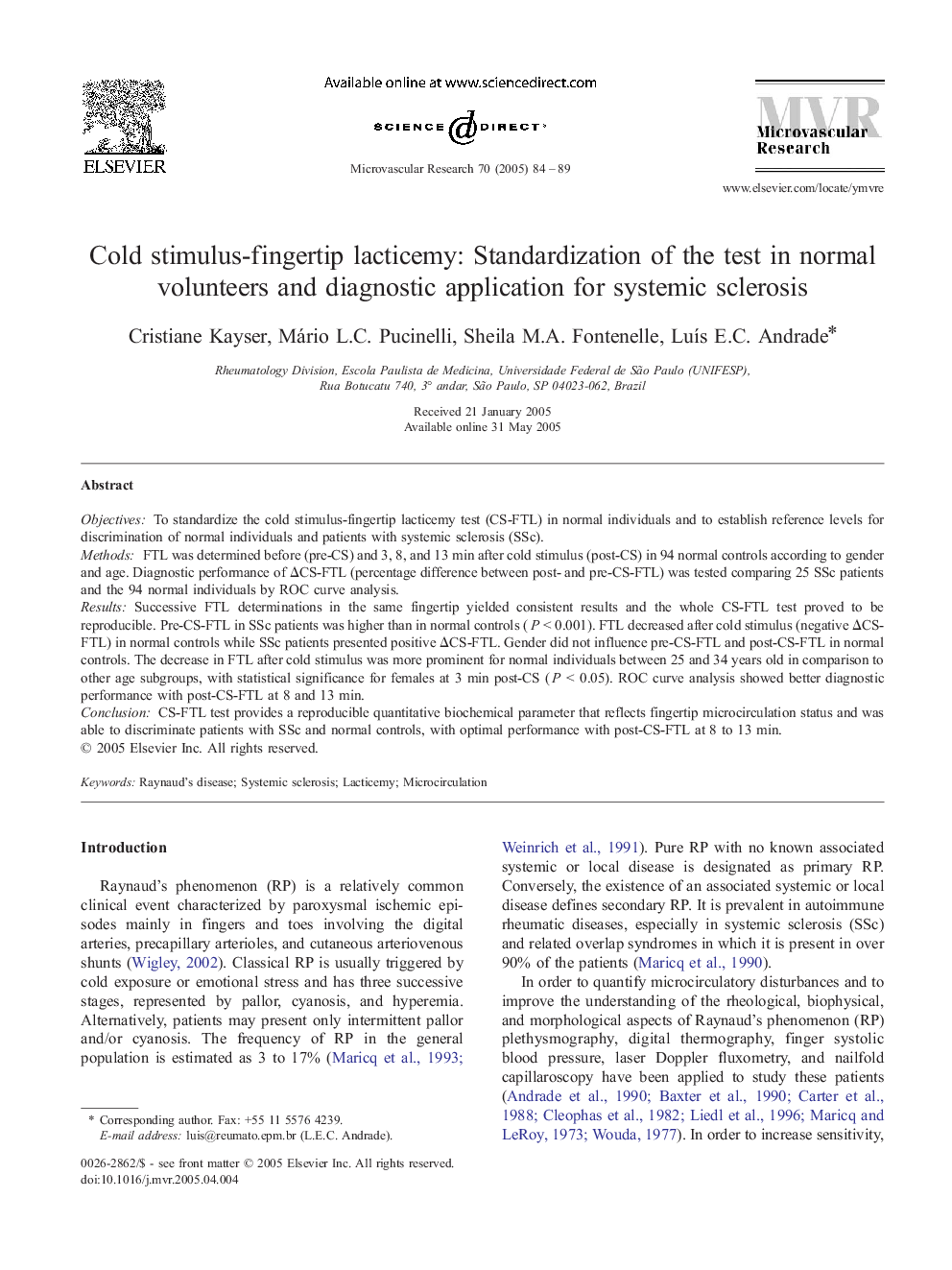 Cold stimulus-fingertip lacticemy: Standardization of the test in normal volunteers and diagnostic application for systemic sclerosis