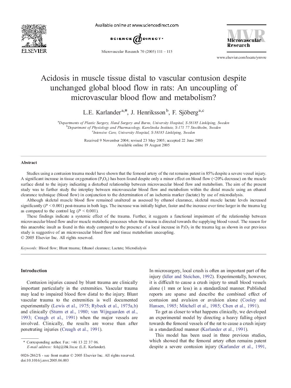 Acidosis in muscle tissue distal to vascular contusion despite unchanged global blood flow in rats: An uncoupling of microvascular blood flow and metabolism?