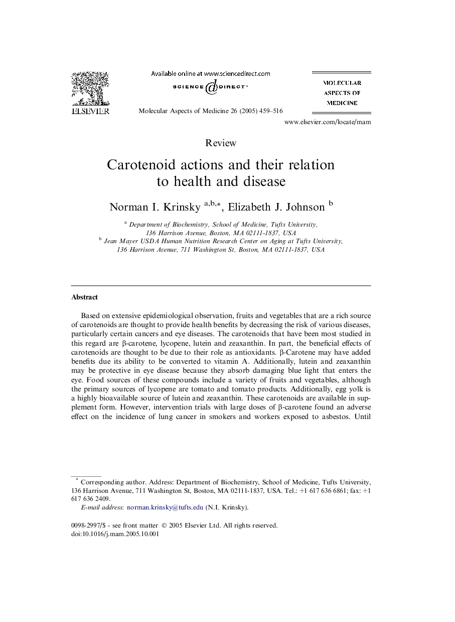 Carotenoid actions and their relation to health and disease