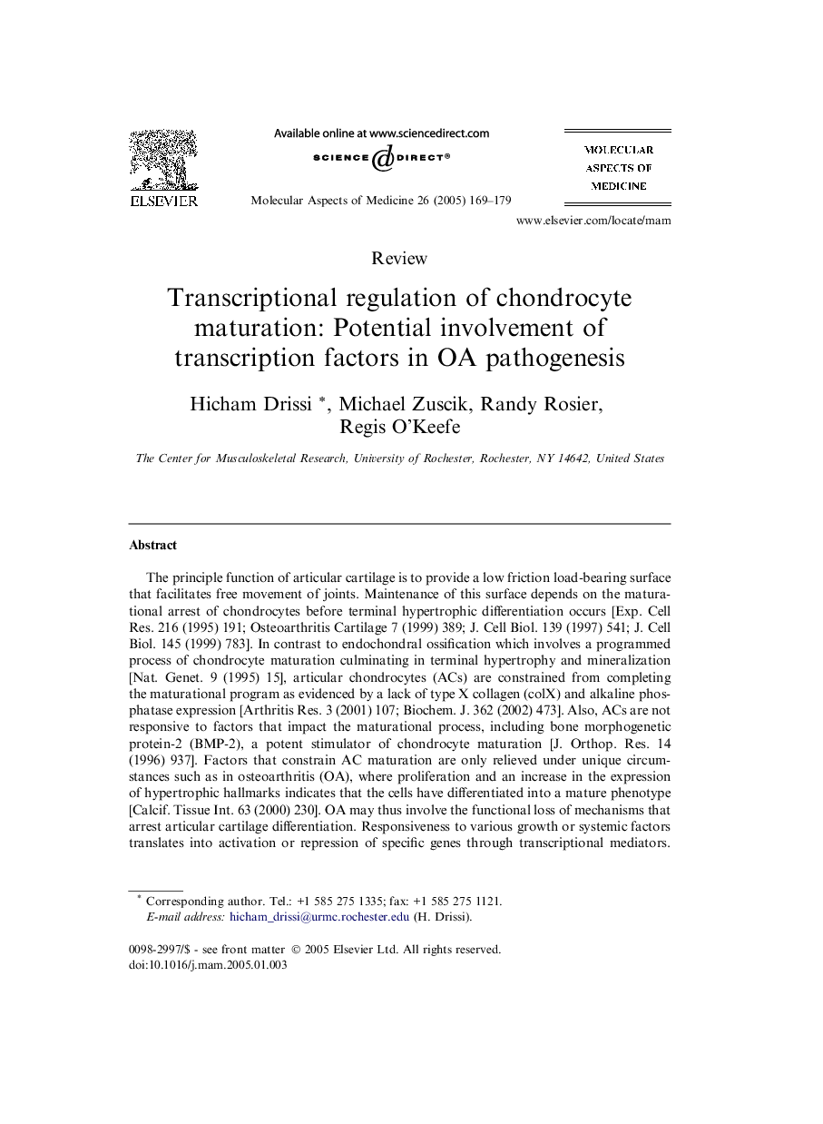 Transcriptional regulation of chondrocyte maturation: Potential involvement of transcription factors in OA pathogenesis