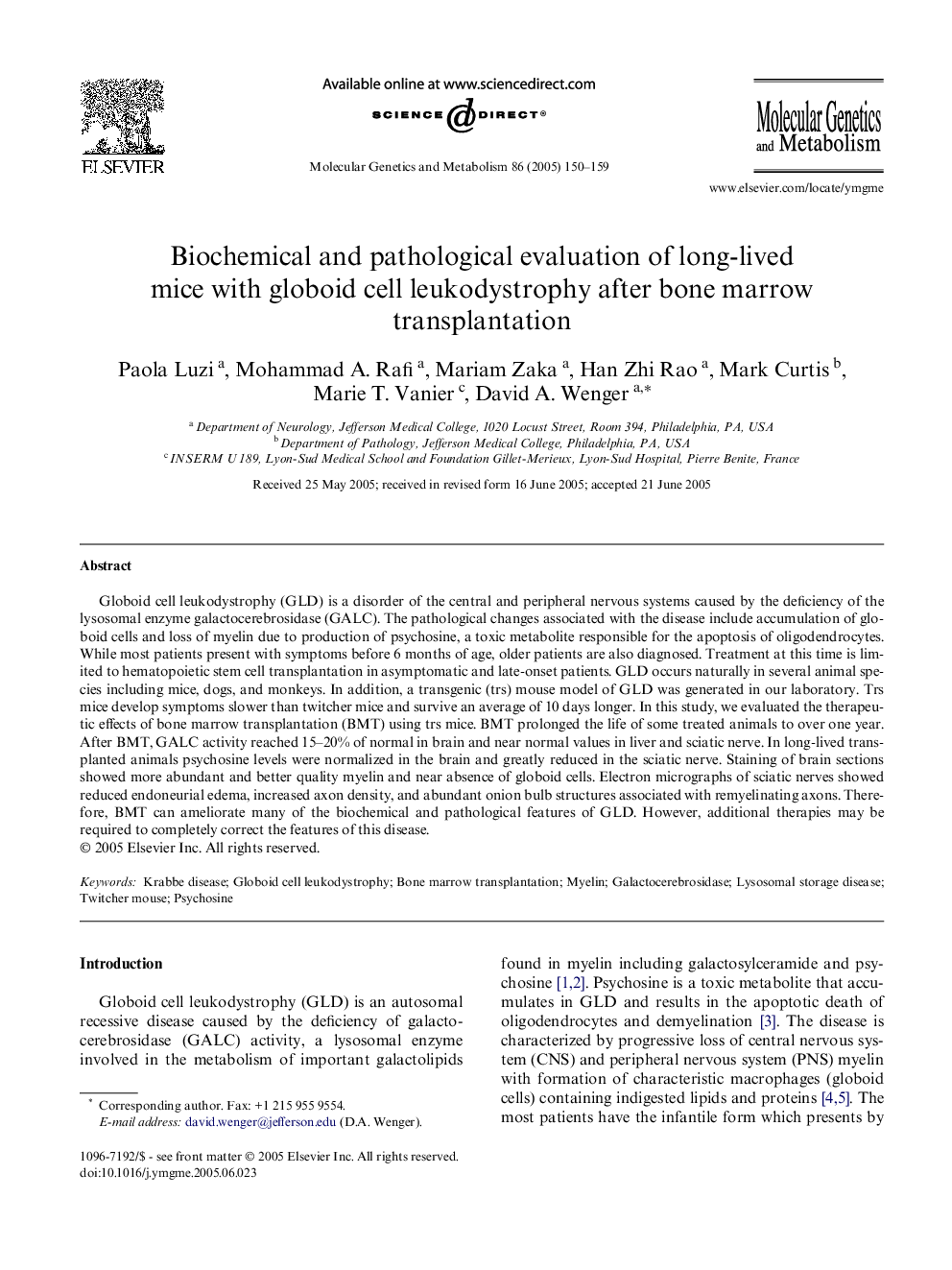 Biochemical and pathological evaluation of long-lived mice with globoid cell leukodystrophy after bone marrow transplantation