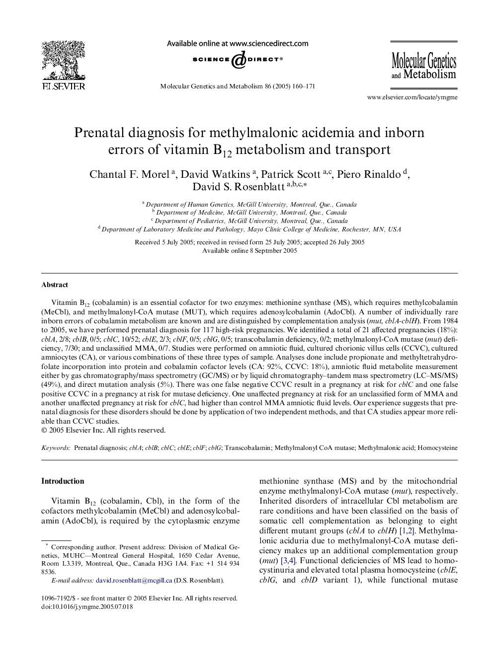 Prenatal diagnosis for methylmalonic acidemia and inborn errors of vitamin B12 metabolism and transport