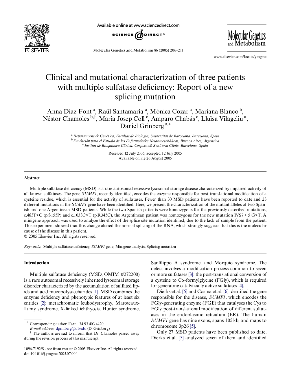 Clinical and mutational characterization of three patients with multiple sulfatase deficiency: Report of a new splicing mutation