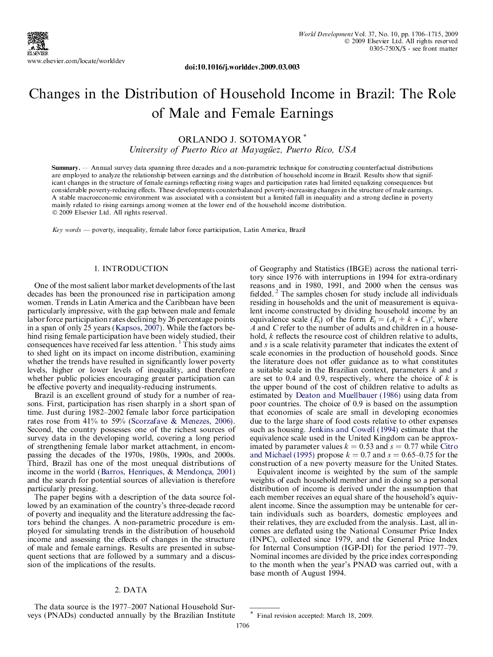 Changes in the Distribution of Household Income in Brazil: The Role of Male and Female Earnings