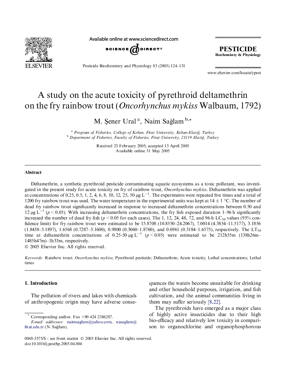 A study on the acute toxicity of pyrethroid deltamethrin on the fry rainbow trout (Oncorhynchus mykiss Walbaum, 1792)