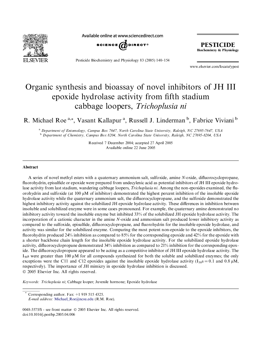 Organic synthesis and bioassay of novel inhibitors of JH III epoxide hydrolase activity from fifth stadium cabbage loopers, Trichoplusia ni